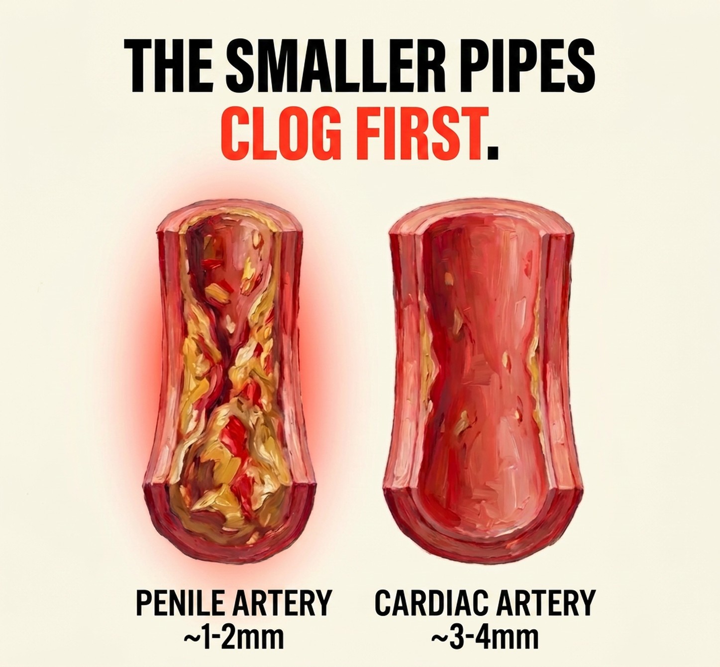 Painted cross-section of two arteries side by side. On the left, labelled PENILE ARTERY ~1-2mm, the channel is almost sealed by yellow plaque. On the right, labelled CARDIAC ARTERY ~3-4mm, the vessel is wider and still largely open. Across the top: THE SMALLER PIPES CLOG FIRST.